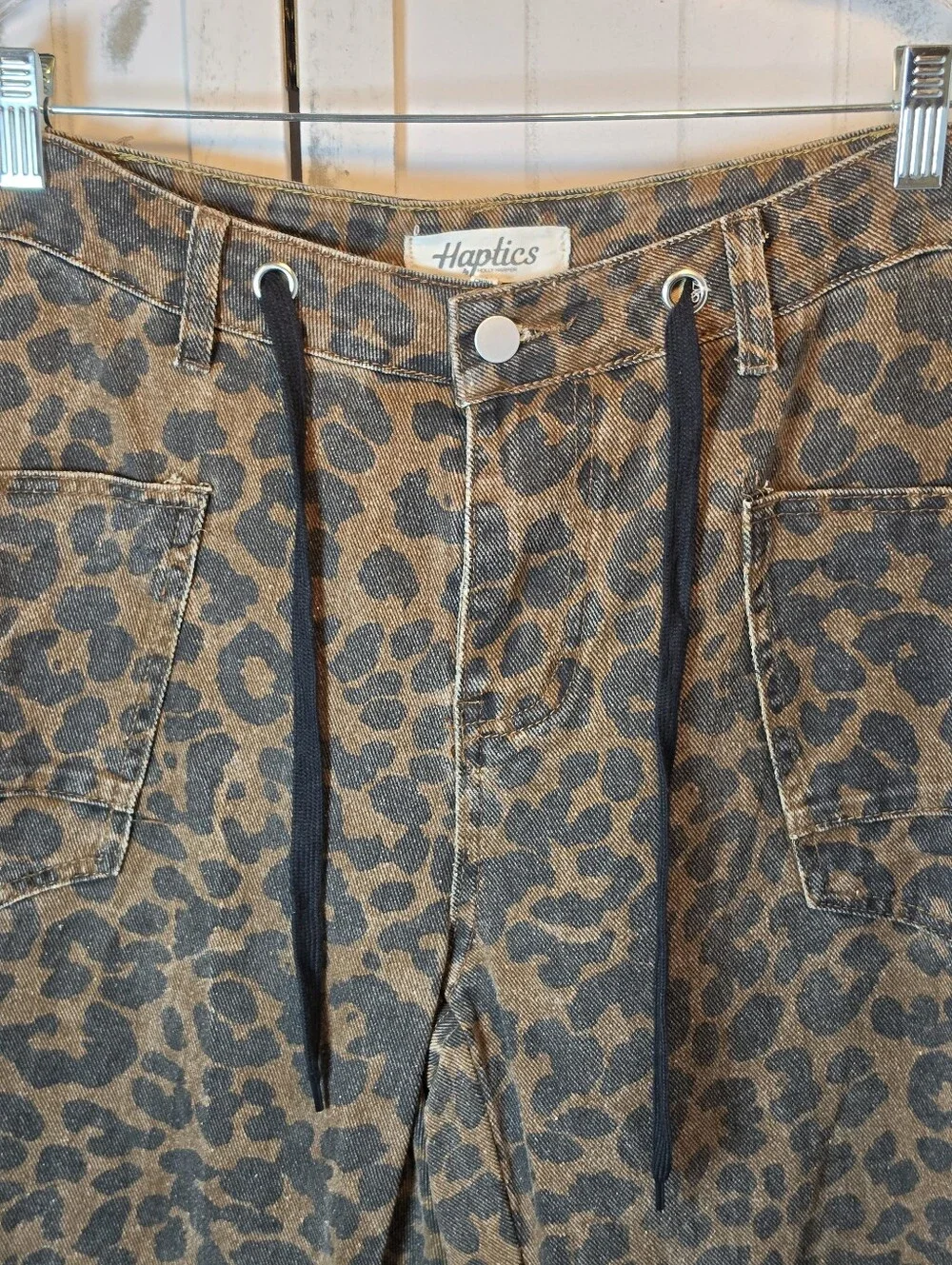 Haptics Leopard Print Drawstring Barrel Jeans